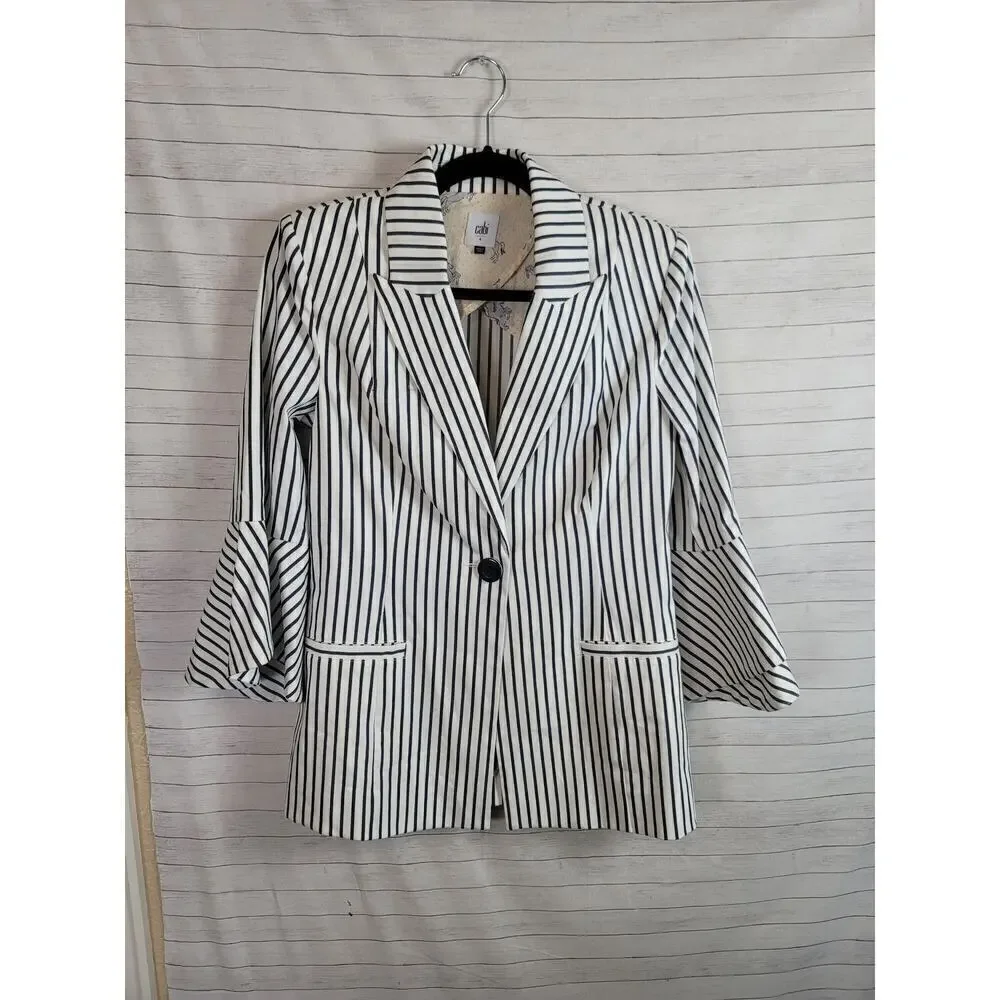 CAbi Ticking Stripe Bell-sleeve Blazer in Black/White, sz 4